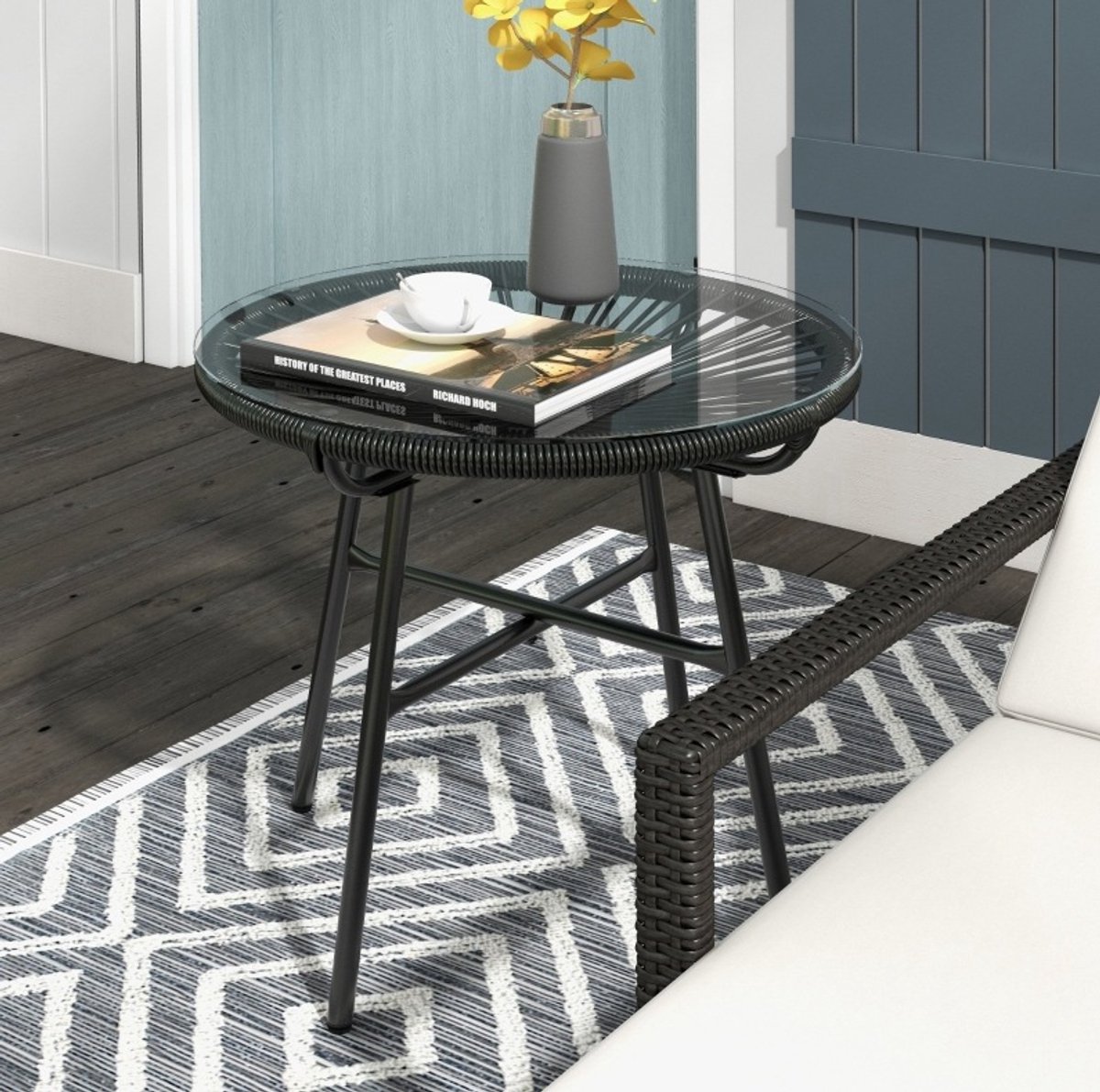 DESMIU Tuintafel - Ronde Bijzettafel In Boho-Stijl Voor Tuin, Balkon En Terras - Gehard Glas En PE-Rattan - 50 x 50 x 50 Cm - Zwart