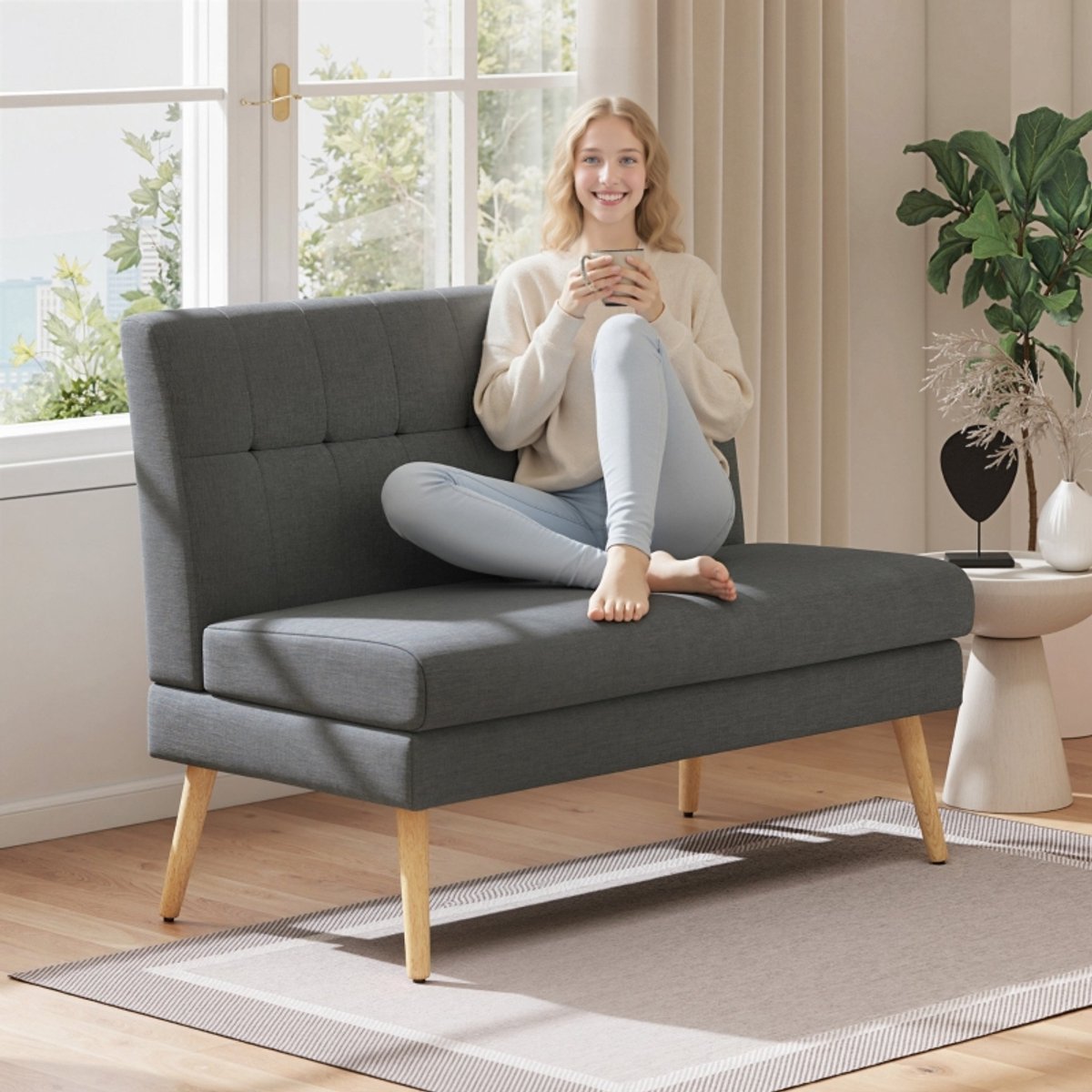 OKWISH 2-Zits Bank 118 Cm - Getufte Rugleuning En Houten Poten - Compact Voor Kleine Ruimtes - Linnenlook - Donkergrijs