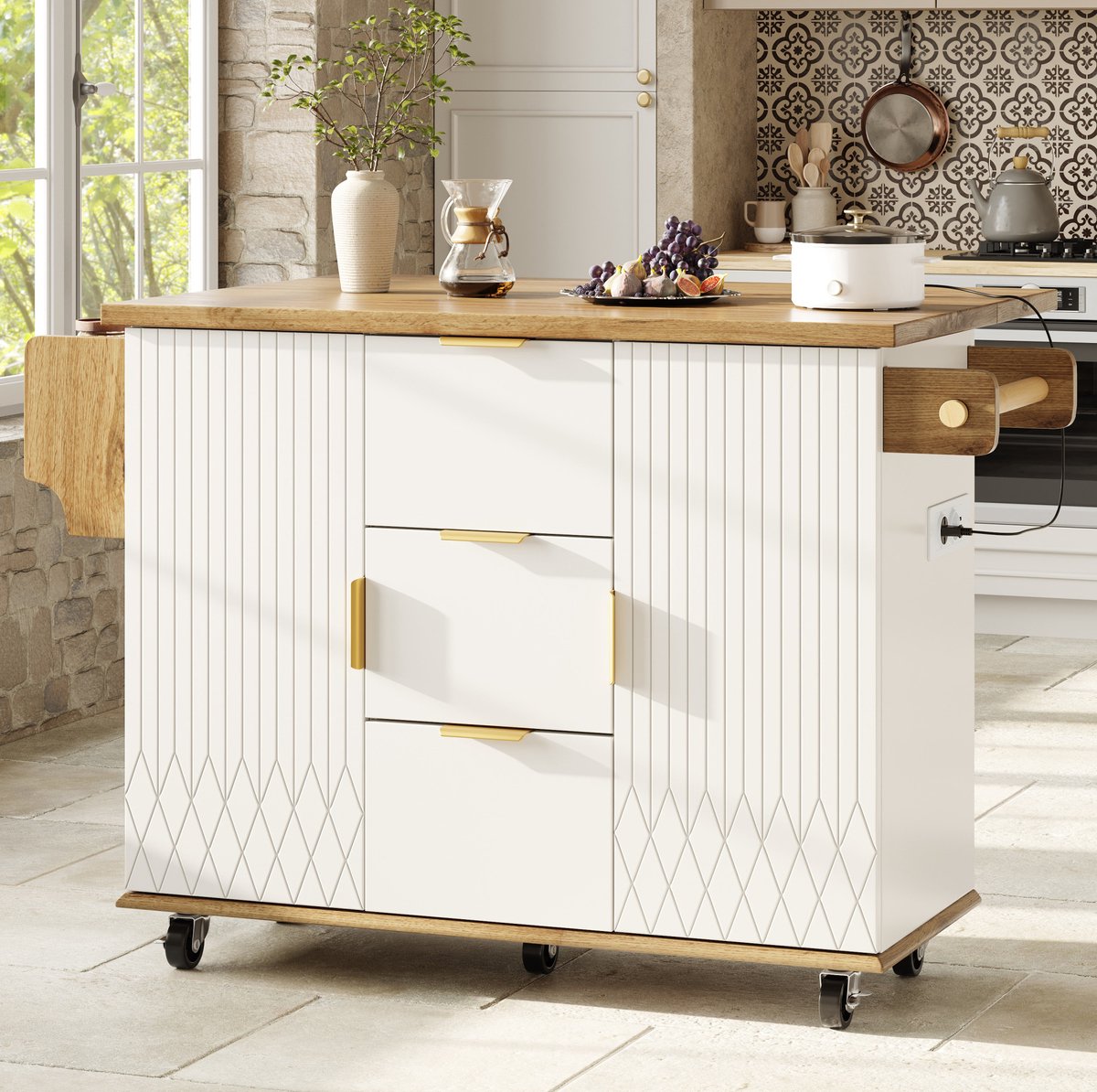 COVREO Keukenmeubelset 134x74x88 cm wit-houtlook, MDF met stopcontact