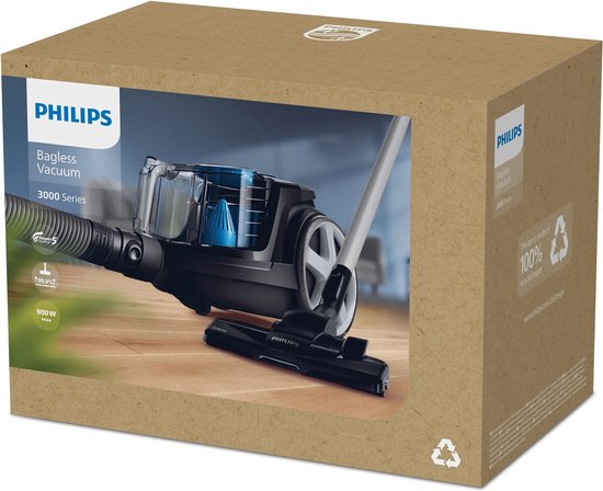 Boîte de l'aspirateur sans sac Philips série 3000 avec image de l'aspirateur.
