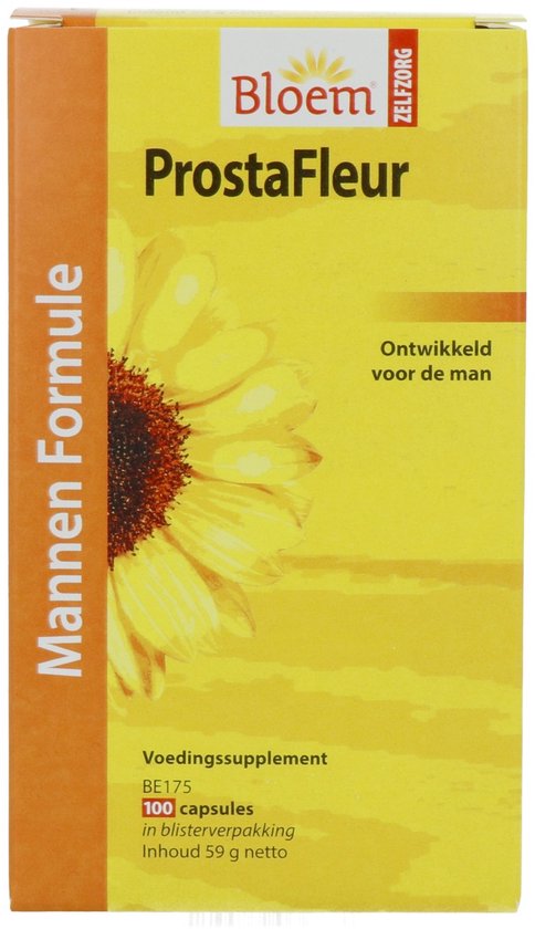 Verpakking van Bloem ProstaFleur Mannen Formule met een zonnebloem, 100 capsules.