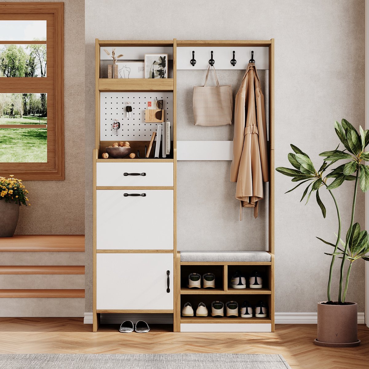 PHOEBE CAT Schoenenkast – Halmeubel – 4 haken – Met lade – 108.5 x 35 x 180 cm – Wit + Naturel