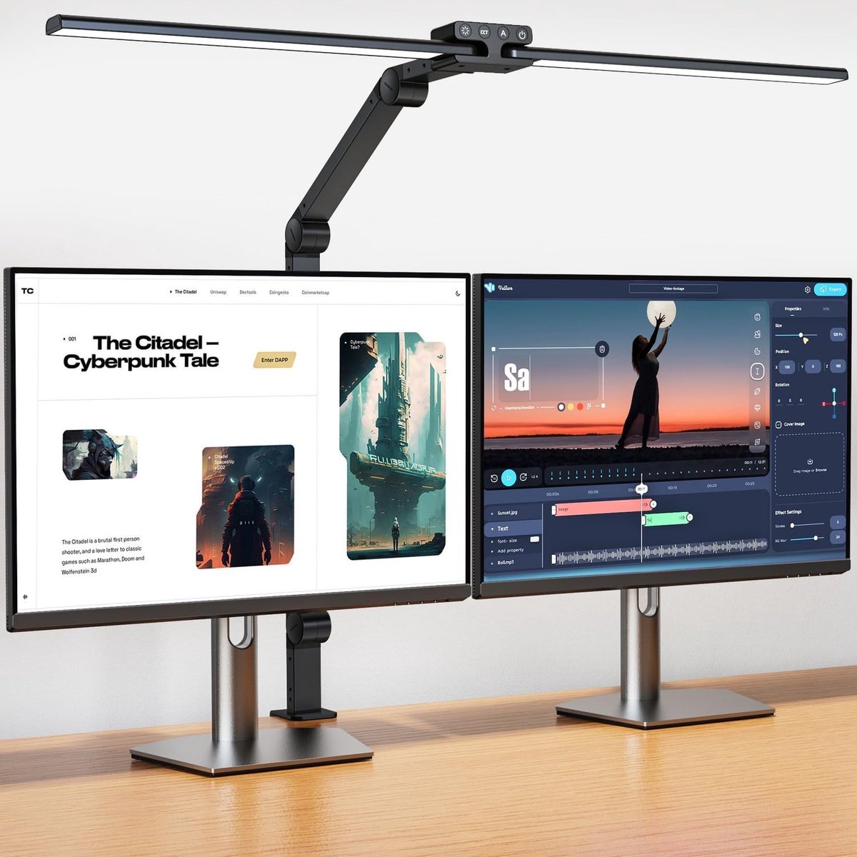 Dimbare LED Bureau Lamp met Dubbele Kop, 1200 Lumen, Klemarm, Oogbescherming en Daglichtfunctie