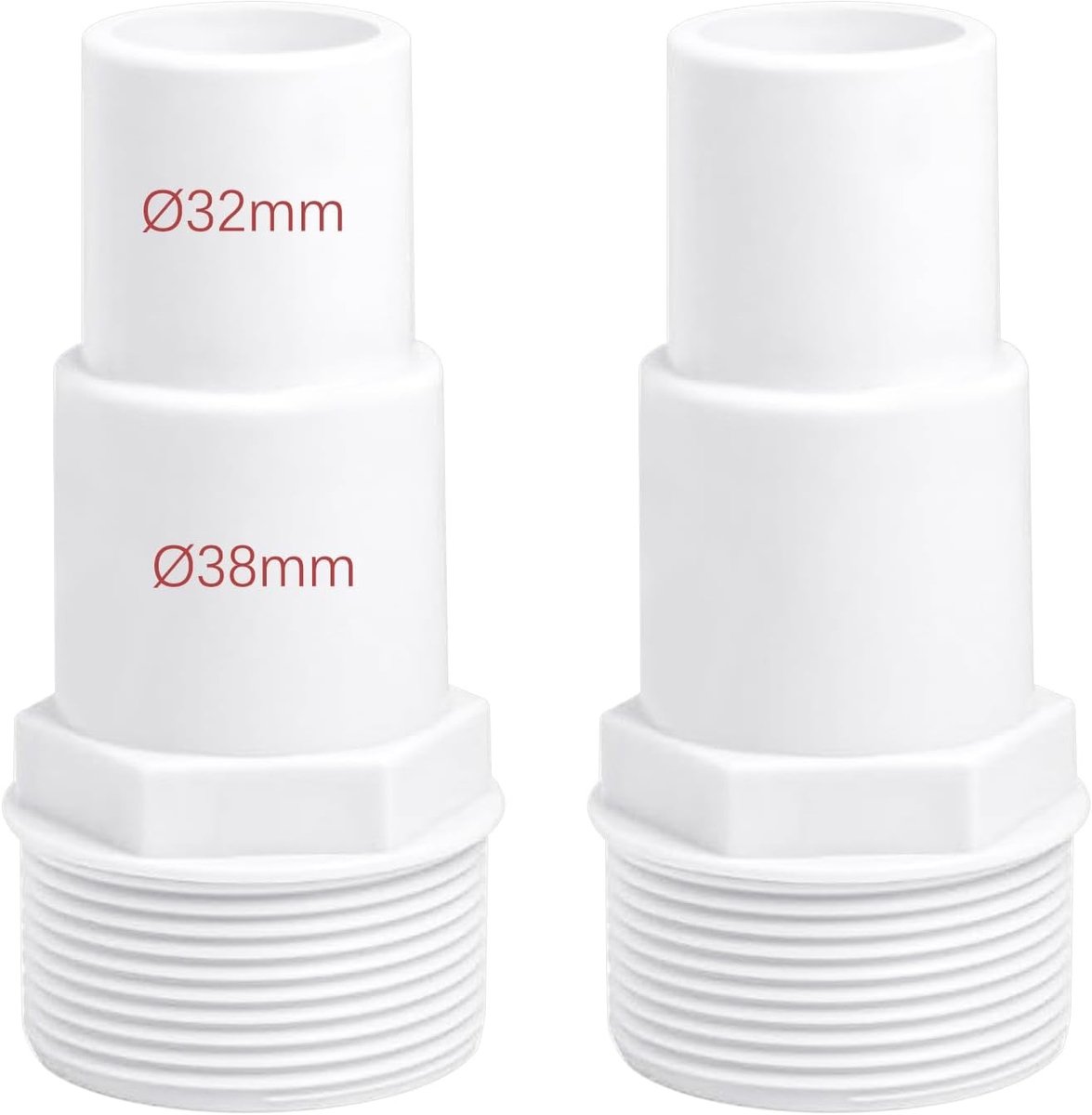 Set van 2 zwembadslangconnectoren, slanguitloop, geschikt voor 32/38 mm en 1,5 inch slangen, wit, ideaal voor zwembadonderhoud en -accessoires