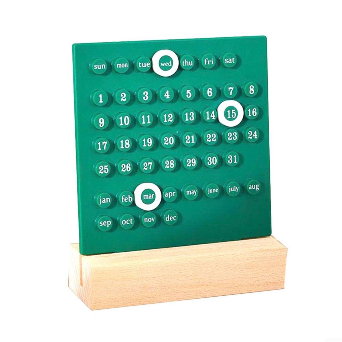 SnelShoppen - Bureaukalender Hout met Acryl Ring - Eeuwigdurende Kalender - Maand- en Datumweergave - Groene Bureaukalender voor Thuiskantoor en Decor