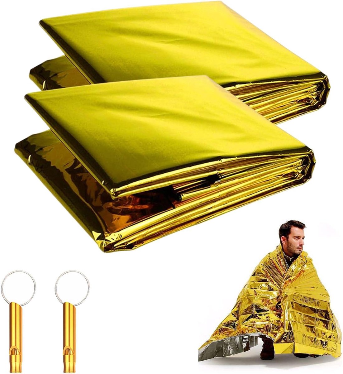 Reddingsdeken Goud Zilver - Noodwarmte Folie - Outdoor Activiteiten - Waterdicht Winddicht - 2 Stuks 160x210cm - Geel