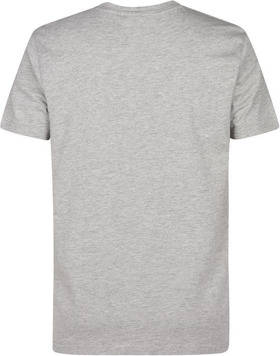 Achterkant van een lichtgrijs, gemêleerd katoenen T-shirt met korte mouwen en ronde hals.
