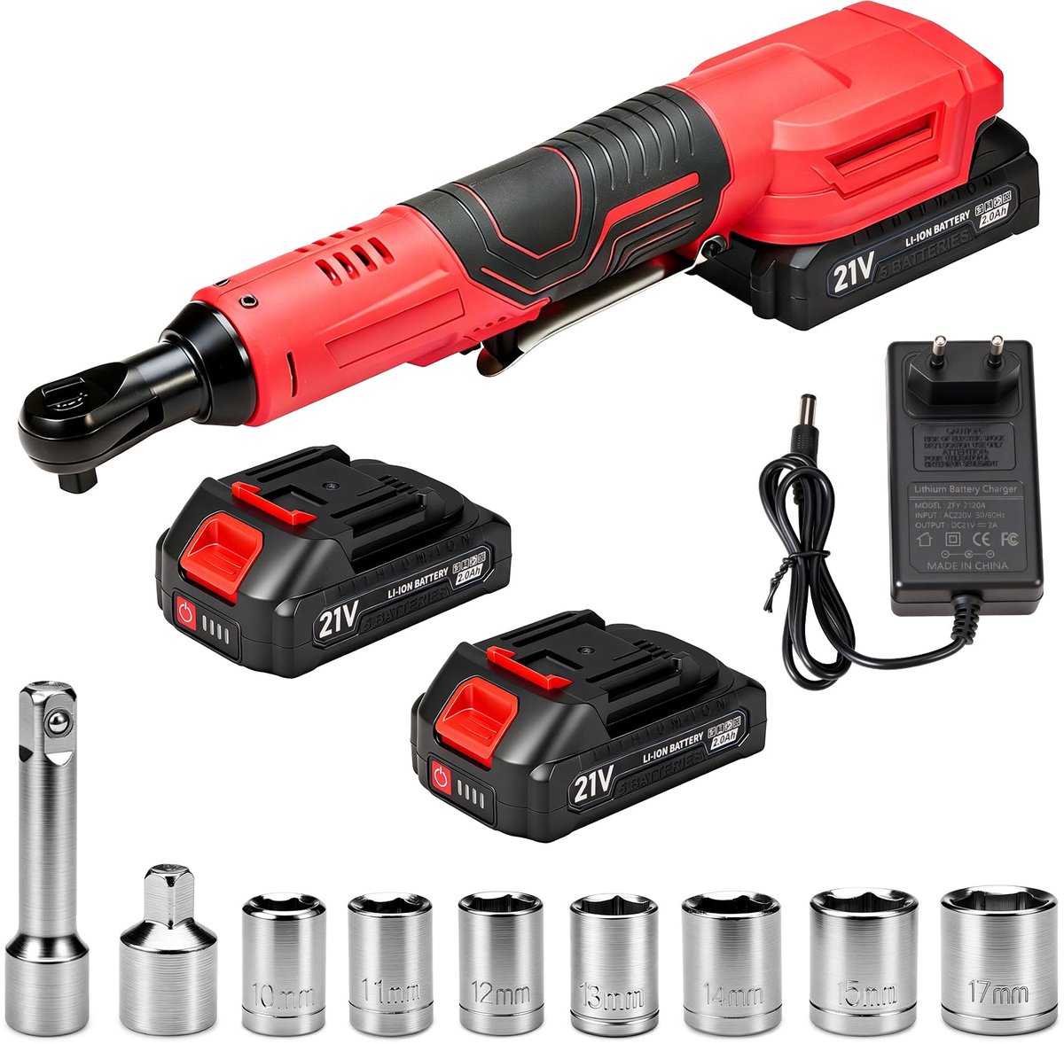 SnelShoppen - 3/8" Accu-ratelsleutel Set 85 Nm, Draadloze Elektrische Ratel 220 RPM met 2 x 2.0 Ah Accu’s, 7 Doppen, Adapters en Verlengstuk voor Auto