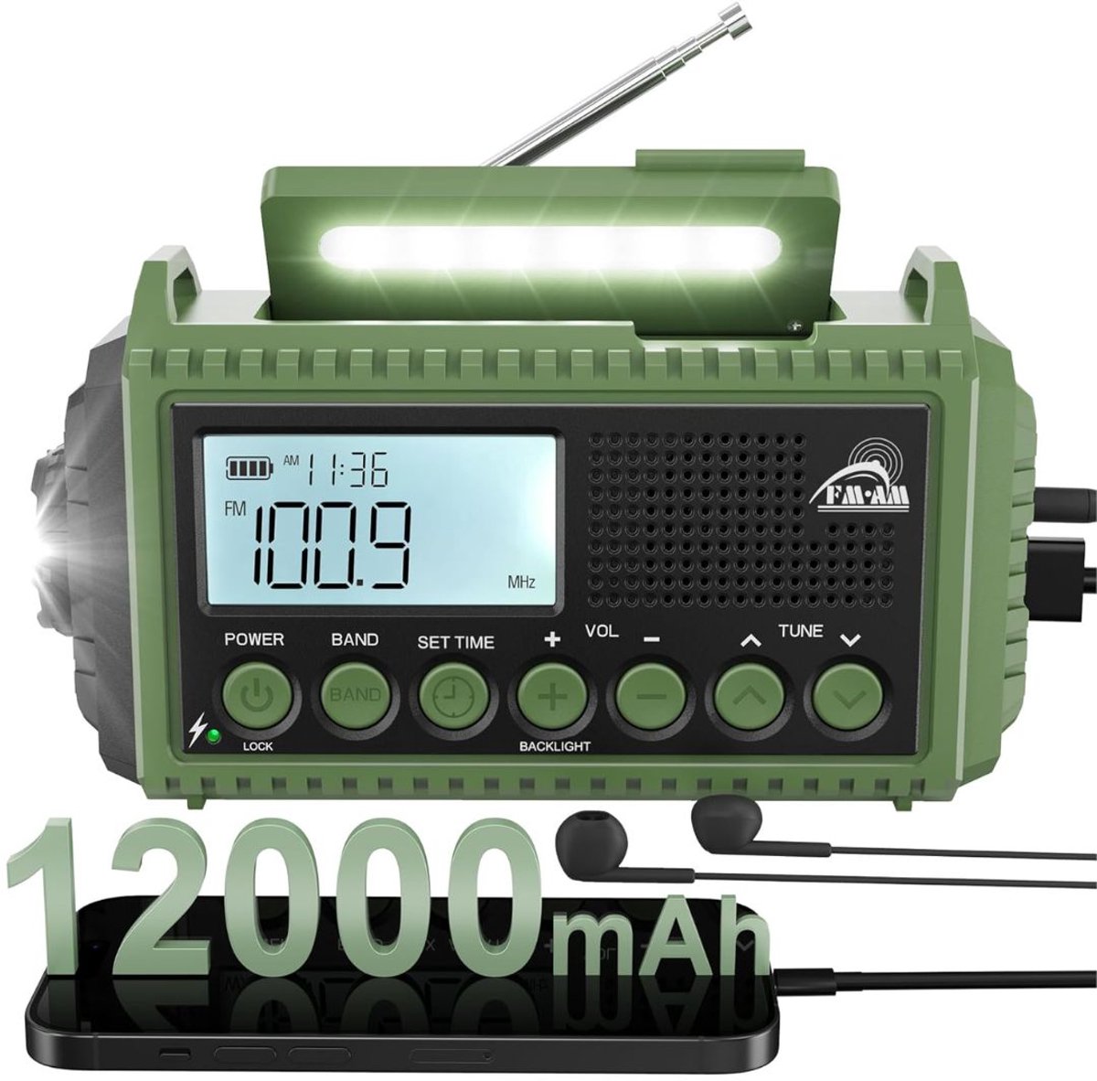 SP® Noodradio - Draagbare Radio op Zonne Energie - LED Zaklamp - Groen - 12cm x 9cm x 19cm