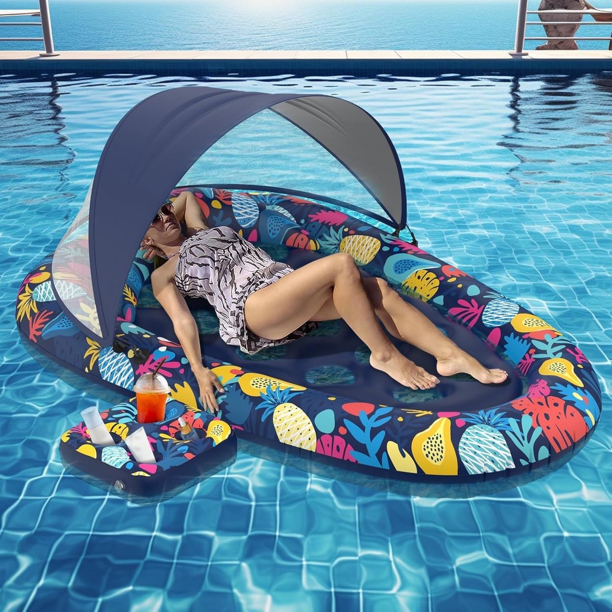 Zwevende Hangmat, Opblaasbaar Matras voor Zee en Zwembad, Ideaal voor Strand en Tuinfeesten met Luifel