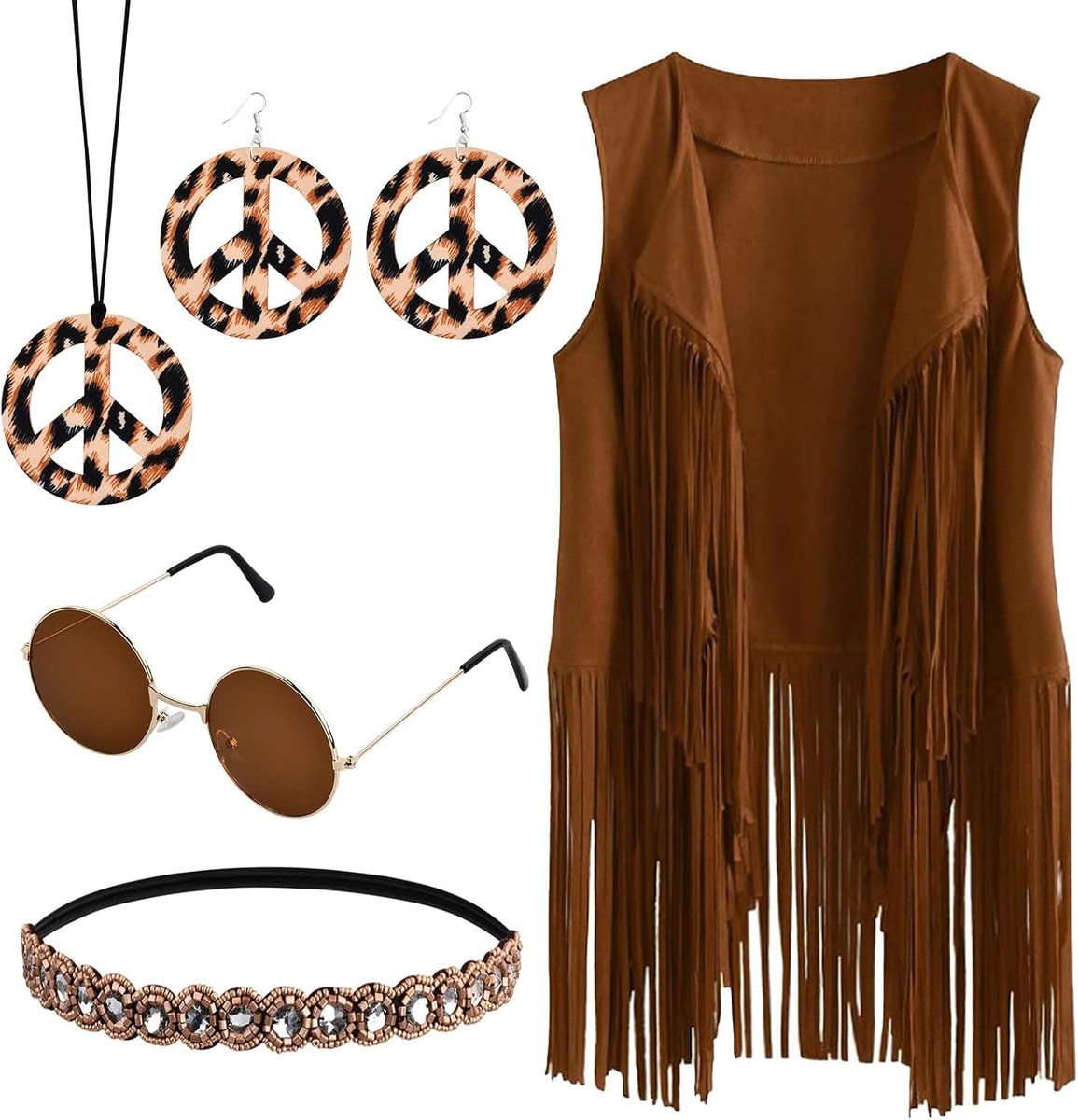 Hippie Kostuum voor Vrouwen met Fringes, 70s Disco Outfit en Accessoires voor Carnaval en Themafeesten