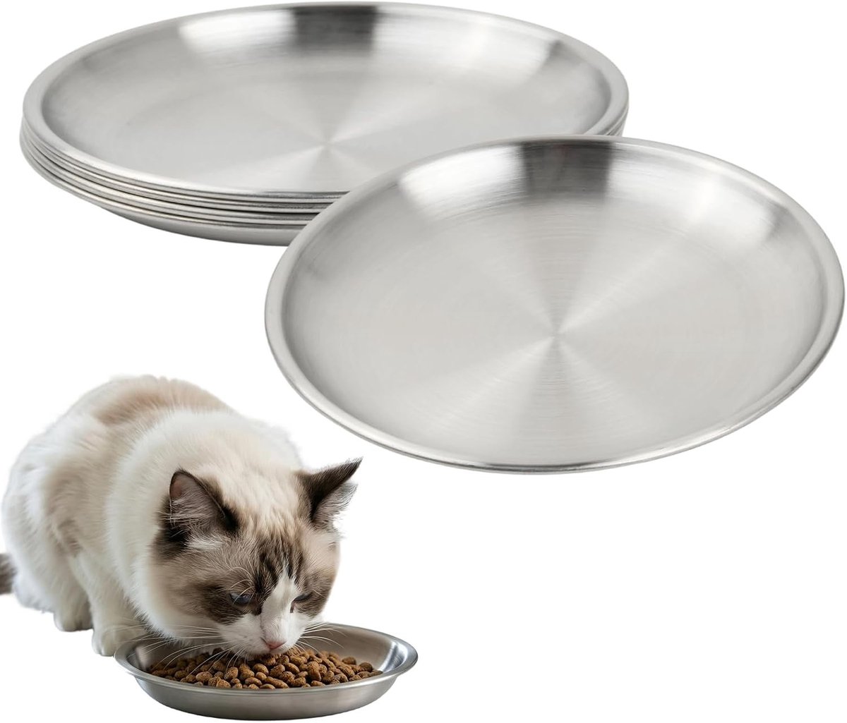 Set van 4 RVS Kattenkommen, 14 cm Brede Ondiepe Voerbakken, Geschikt voor Droog en Nat Voedsel, Ideaal voor Kleine Huisdieren