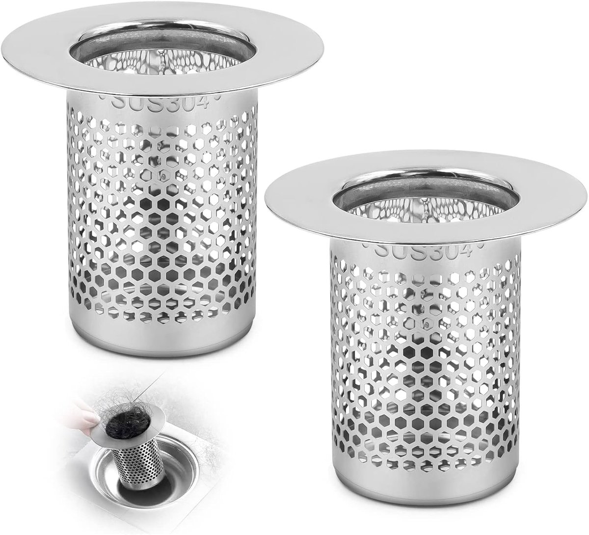 Set van 2 RVS Afvoerfilters voor Douche en Bad, Haarfilter voor Keuken en Badkamer, Geschikt voor Vloerafvoer en Badkuip