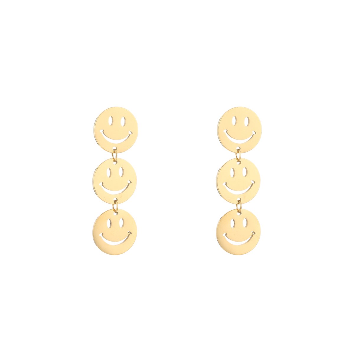 Stainless Steel Triple Cascading Cutout Smiley Drop Earrings – Luxe Drievoudig Uitgesneden Smiley Oorstekers – RVS - Goud