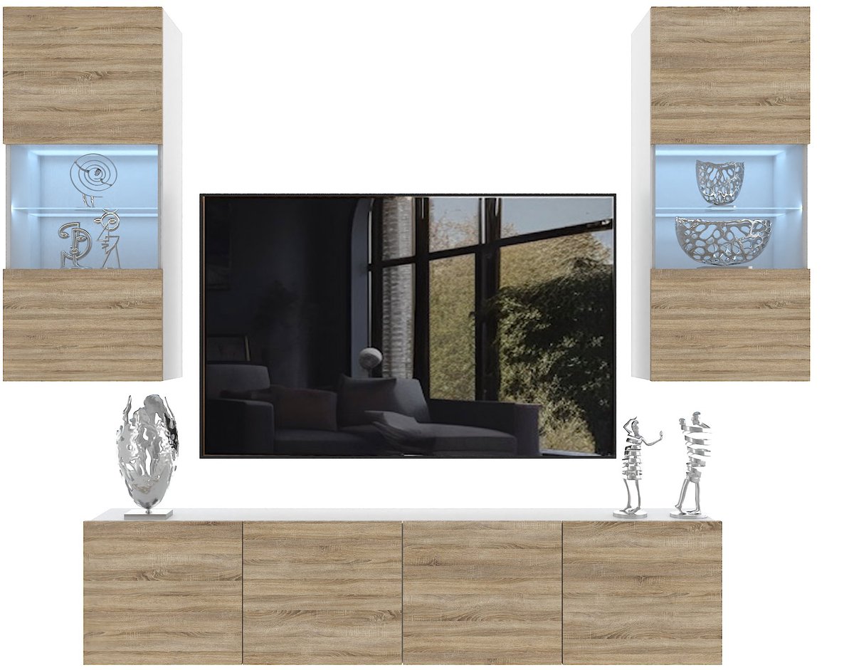 BELINI Wandmeubel Milano 7 200 cm Sonoma Eiken Mat - TV-Wand Greeploos - Moderne Woonwand met Gasliftsysteem - Modulair TV-Meubel