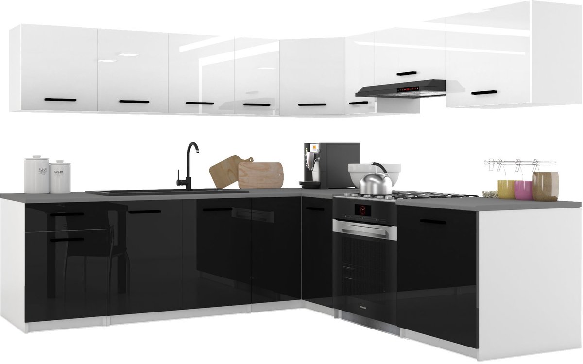 BELINI Keukenblok ITALIA 7 - Keukenmeubel Set 420 cm Wit-Zwart met Werkbladen - Boven- en Onderkasten