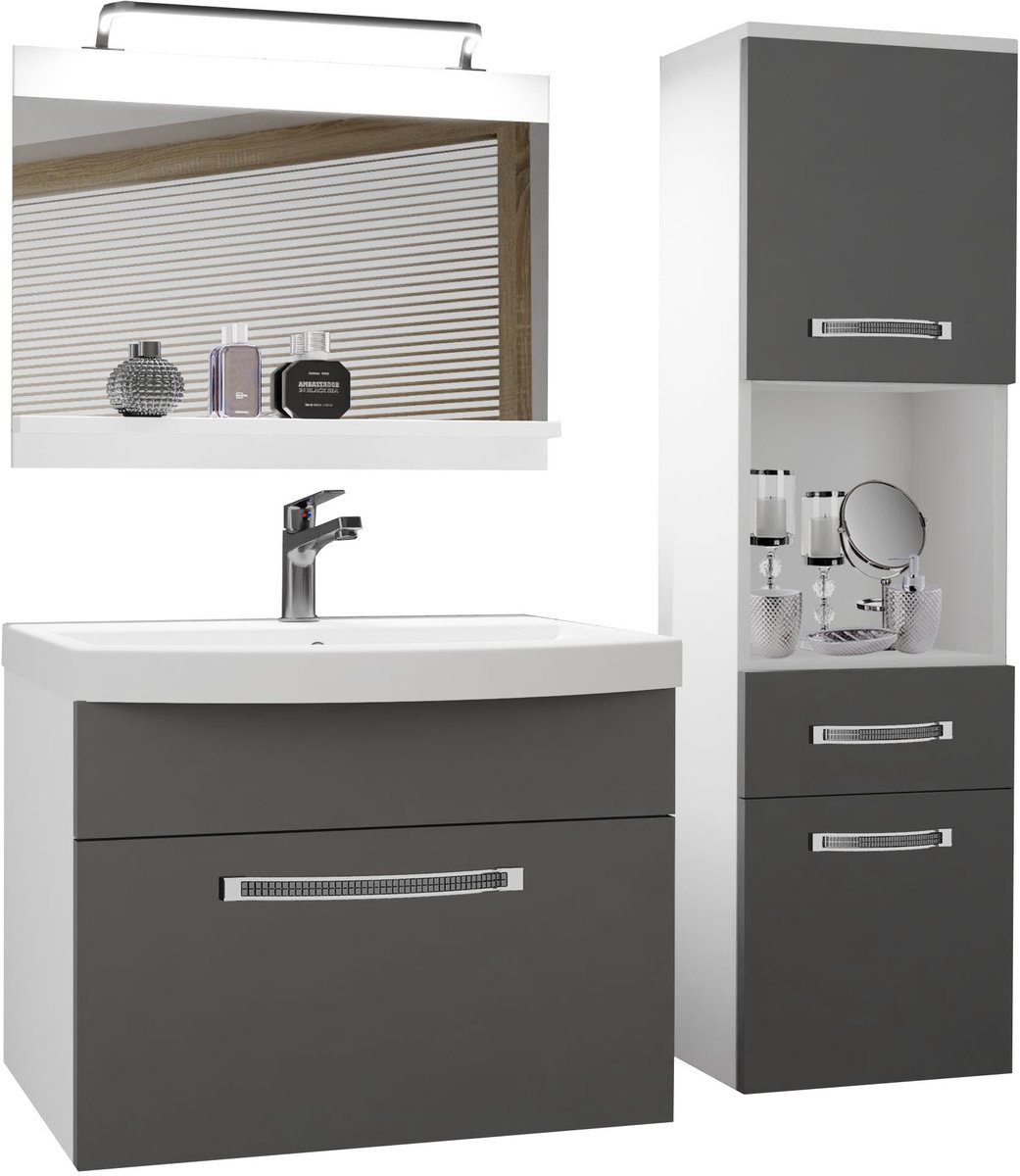BELINI Badkamermeubel Set GLA M 3 - Badmeubelset 100 cm Grijs Mat met Wastafel, Spiegel en LED Lamp - Wandmontage