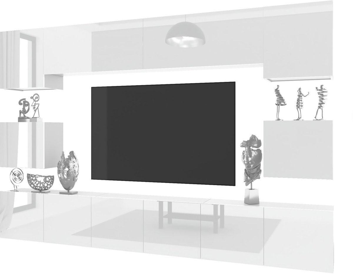 BELINI Wandmeubel Milano 3 300 cm Wit Hoogglans - TV-Wand Greeploos - Moderne Woonwand met Gasliftsysteem - Modulair TV-Meubel