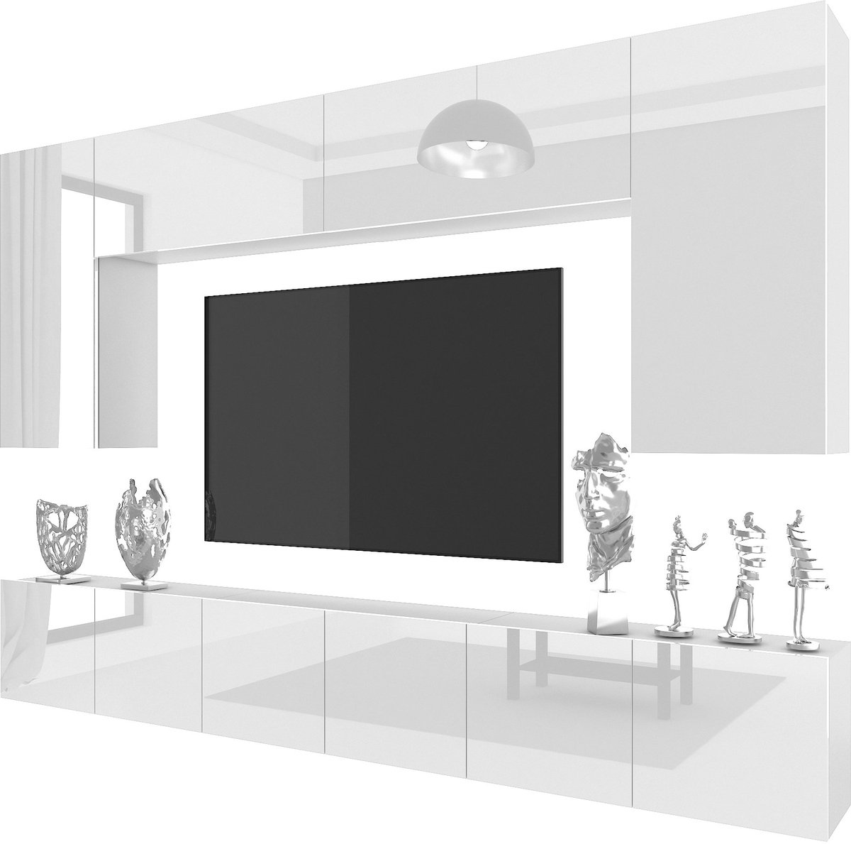 BELINI Wandmeubel Milano 2 300 cm Wit Hoogglans - TV-Wand Greeploos - Moderne Woonwand met Gasliftsysteem - Modulair TV-Meubel