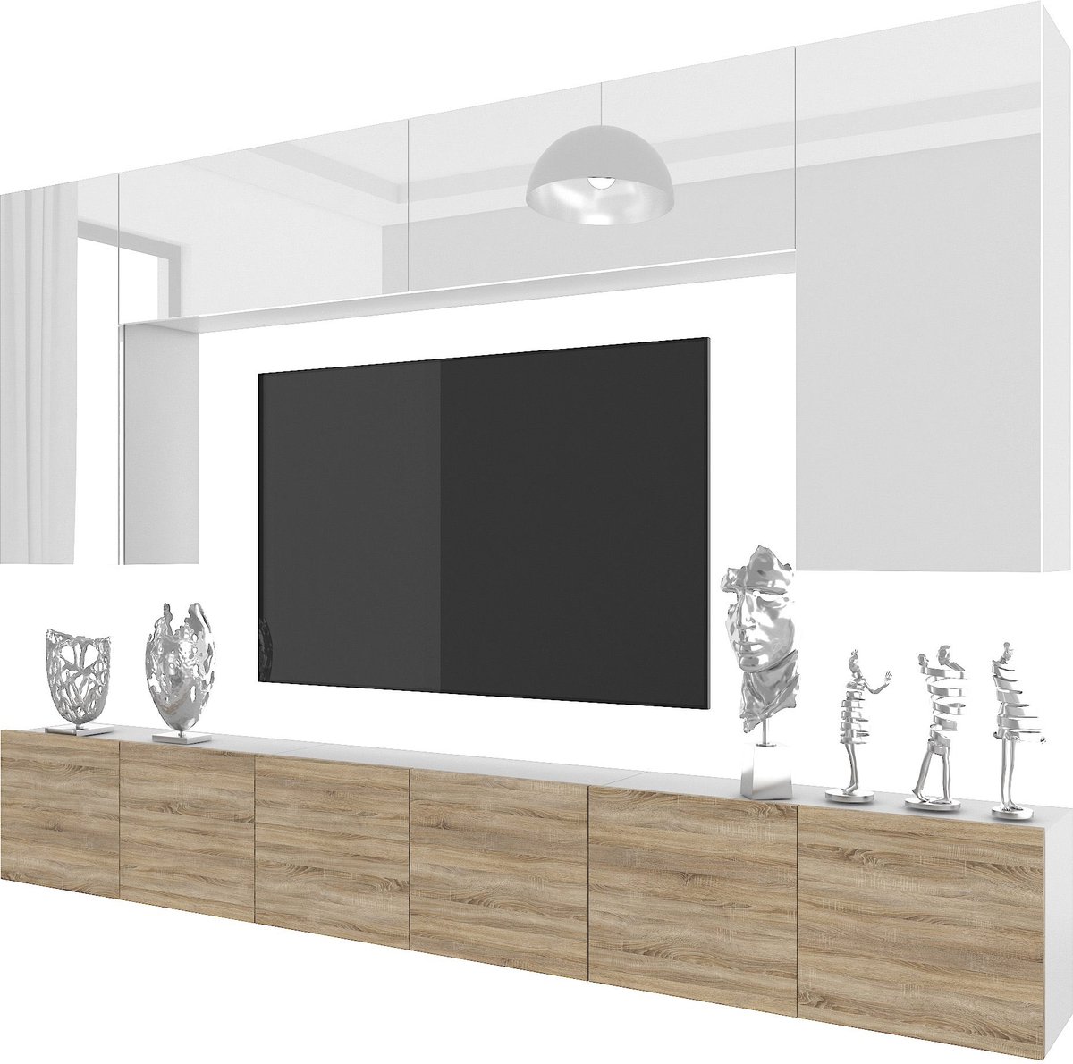 BELINI Wandmeubel Milano 2 300 cm Wit/Sonoma Eiken - TV-Wand Greeploos - Moderne Woonwand met Gasliftsysteem - Modulair TV-Meubel