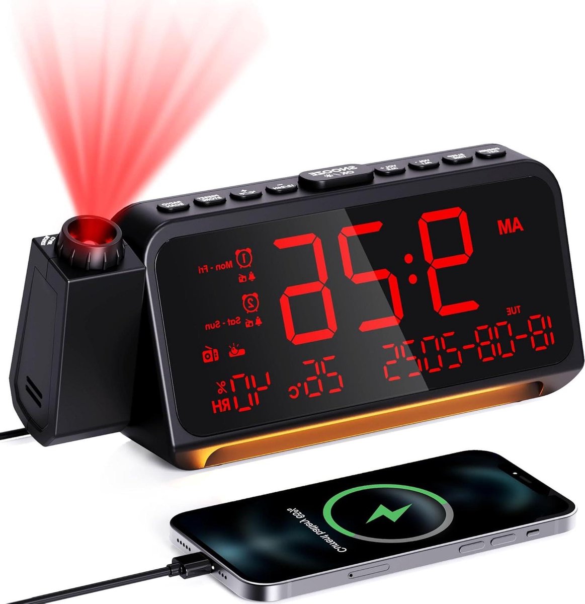 Digitale Wekker - Projectieklok Radio - Wakker Worden - 320 Graden Projectie - Dubbel Alarm - Rood