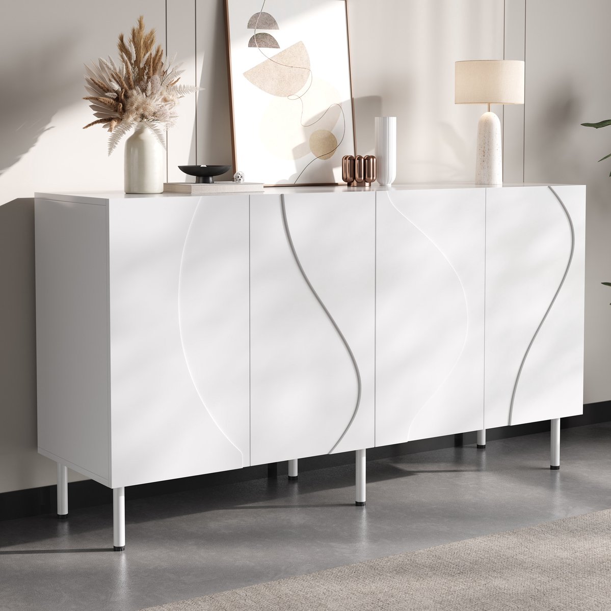 COVREO Dressoir 140x40x77,5 cm wit, MDF en spaanplaat met 4 deuren