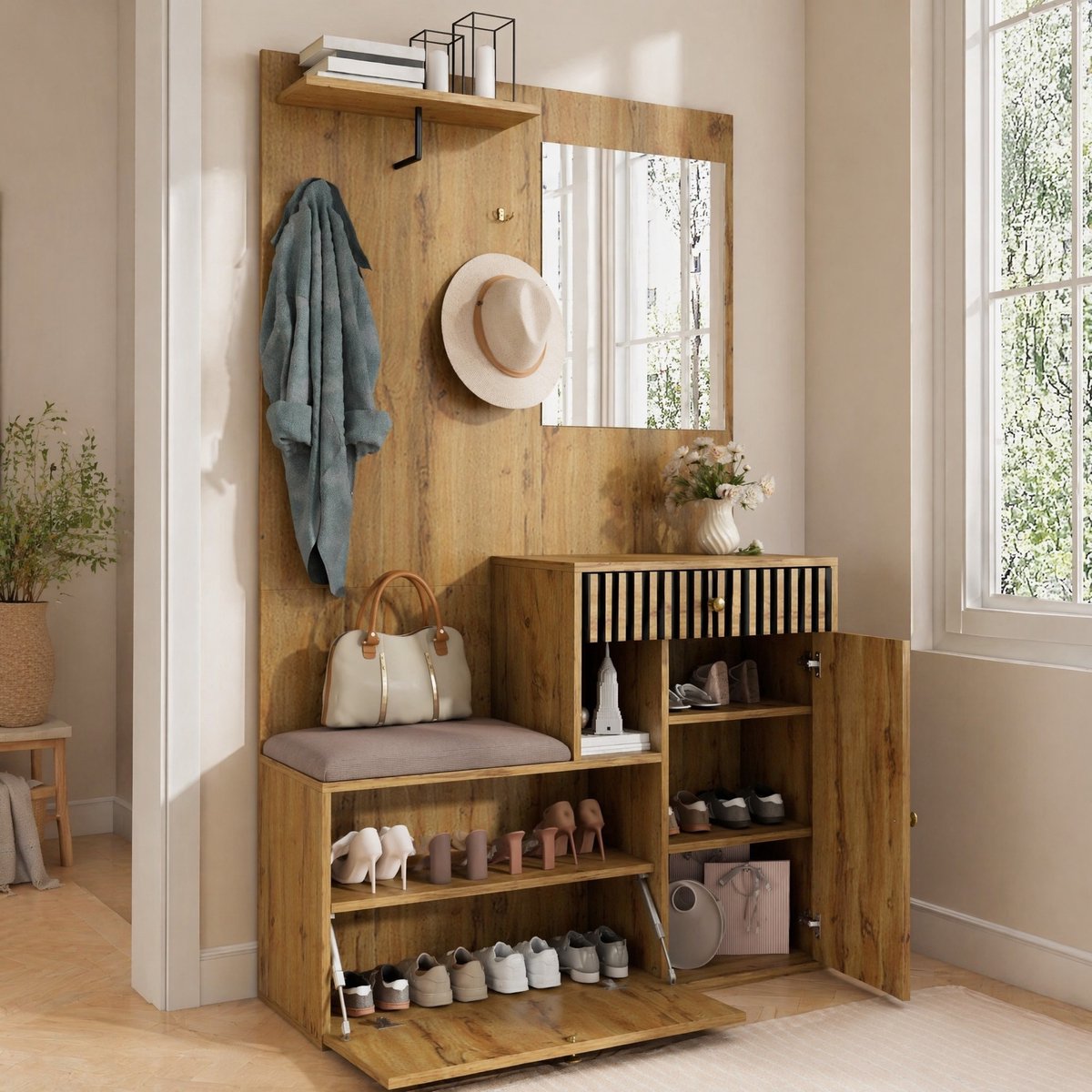 COVREO Schoenenkast 110x37x185,5 cm zwart en hout, MDF met spiegel