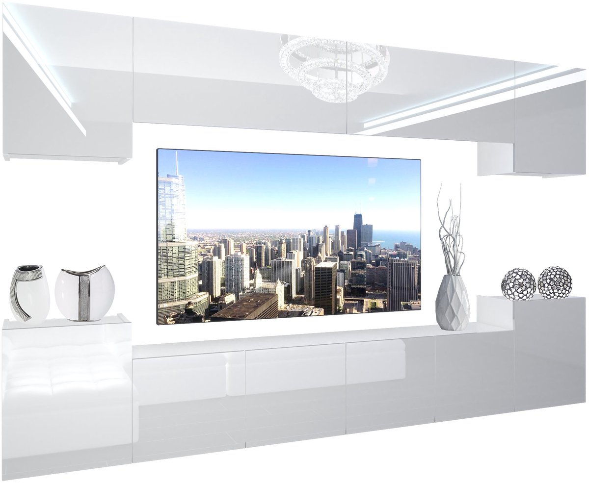 BELINI Wandmeubel NEX 4 - TV-Wandkast Set met LED-Verlichting Wit - Hoogglans Fronten
