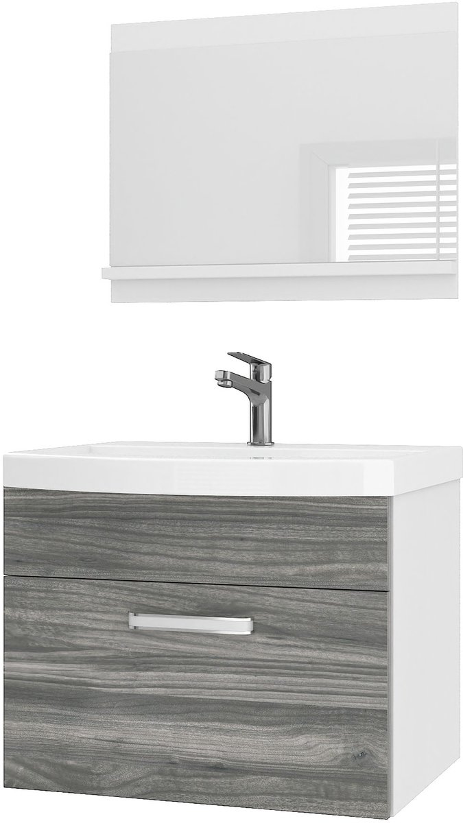BELINI Badkamermeubel Set PRI M1 - Badmeubelset 60 cm Glamour Hout Mat met Wastafel en Spiegel - Wandmontage