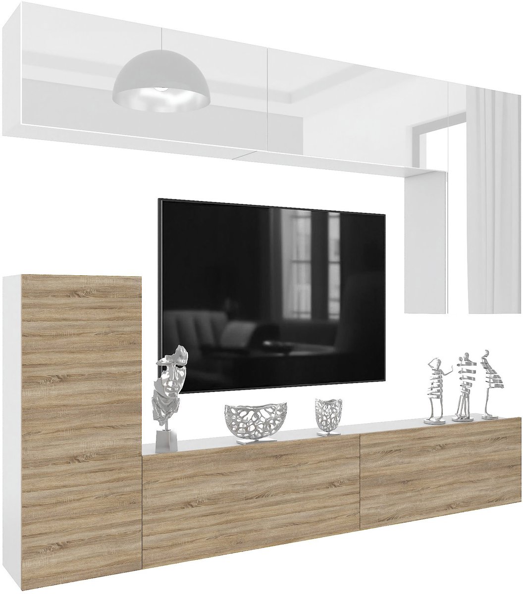 BELINI Wandmeubel Milano 8 250 cm Wit/Sonoma Eiken - TV-Wand Greeploos - Moderne Woonwand 