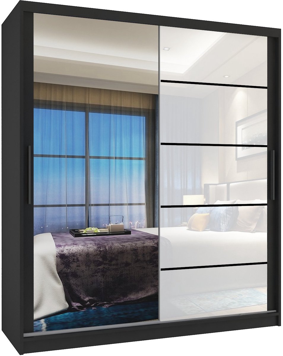 BELINI Verona MGB Schuifdeurkast 133 cm Zwart/Wit Hoogglans - Kledingkast met Spiegel - Comfort Line Hoogglans