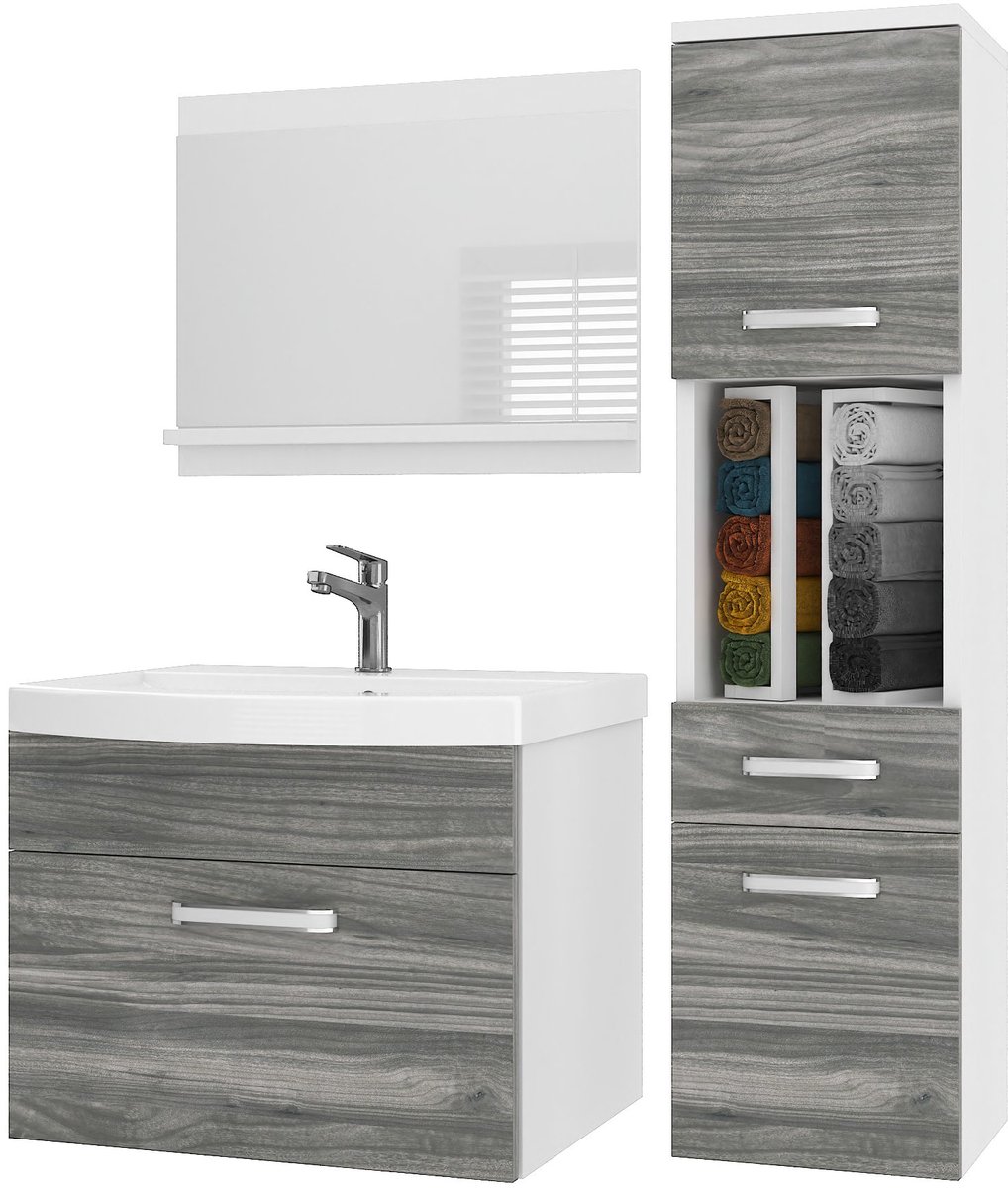 BELINI Badkamermeubel Set PRI M3 - Badmeubelset 90 cm Glamour Hout Mat met Wastafel en Spiegel - Wandmontage