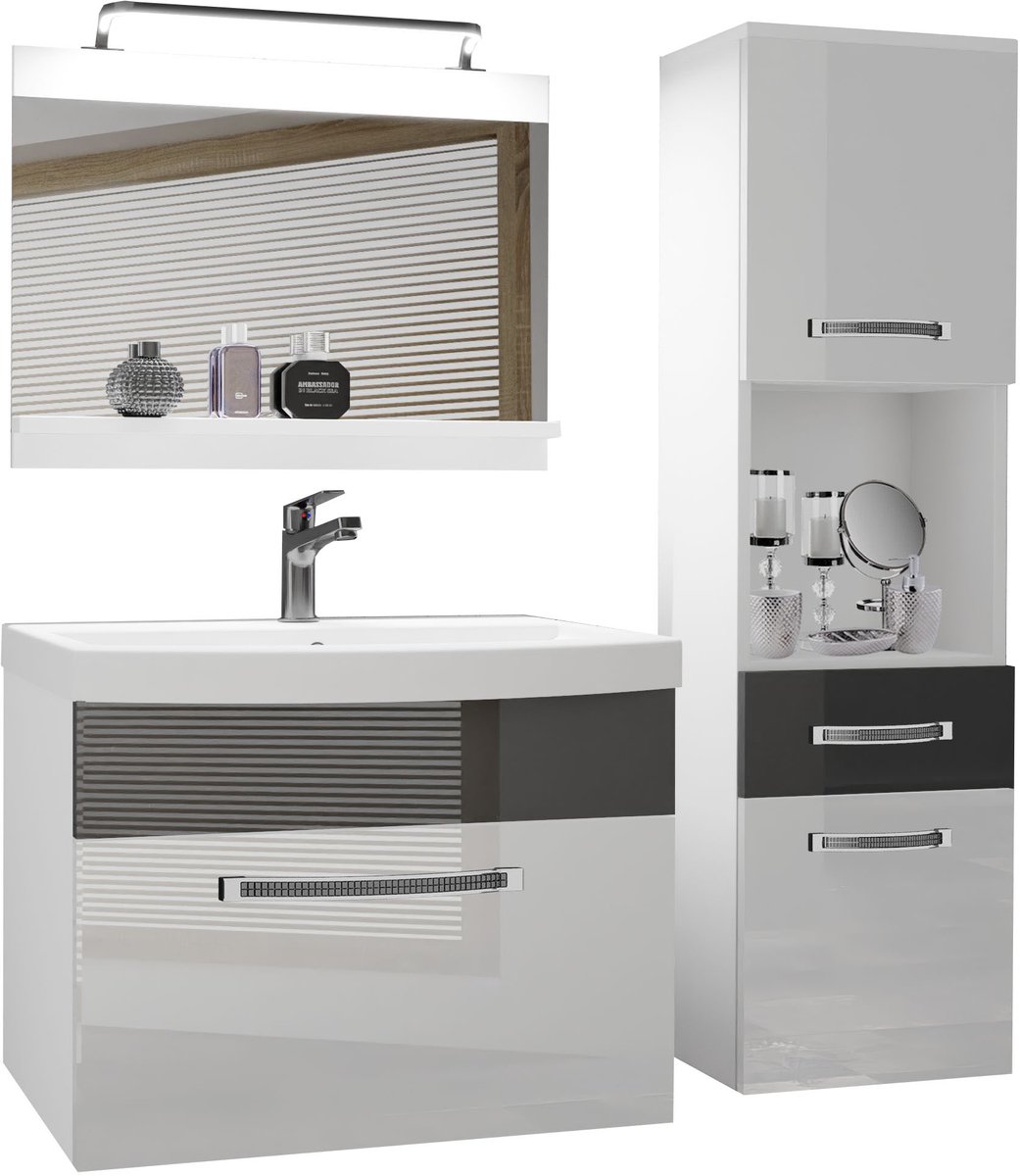 BELINI Badkamermeubel Set GLA P 3 - Badmeubelset 100 cm Wit Zilver Hoogglans met Wastafel, Spiegel en LED Lamp - Wandmontage