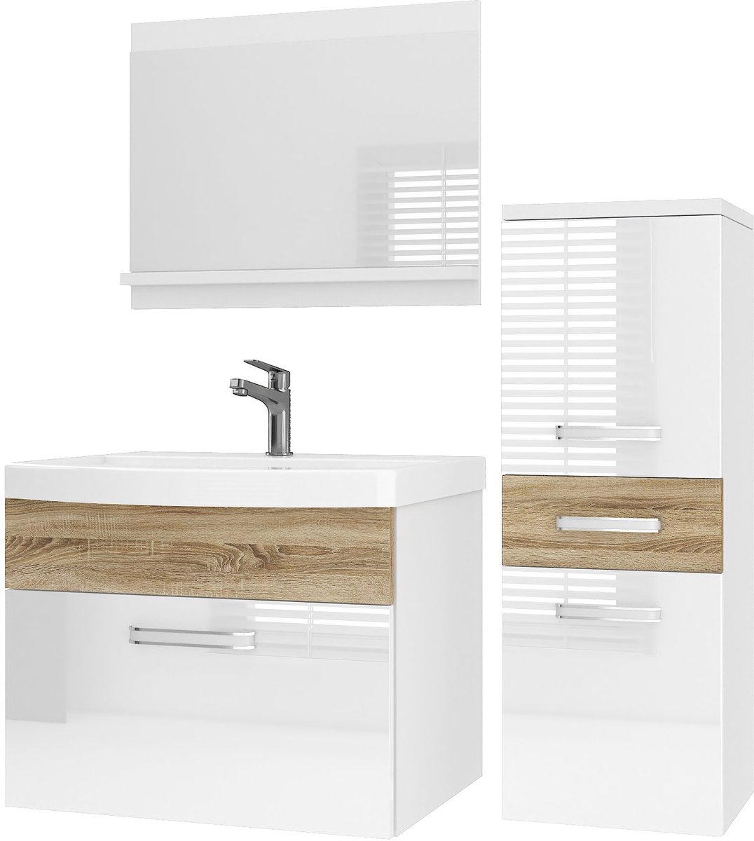 BELINI Badkamermeubel Set PRI PM2 - Badmeubelset 90 cm Wit/Sonoma Eiken Hoogglans met Wastafel en Spiegel - Wandmontage