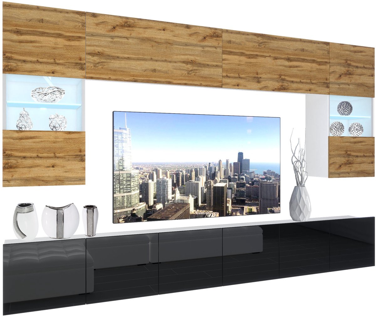 BELINI Wandmeubel NEX 1 - TV-Wandkast Set met LED-Verlichting Wotan Eiken / Zwart - Hoogglans Fronten