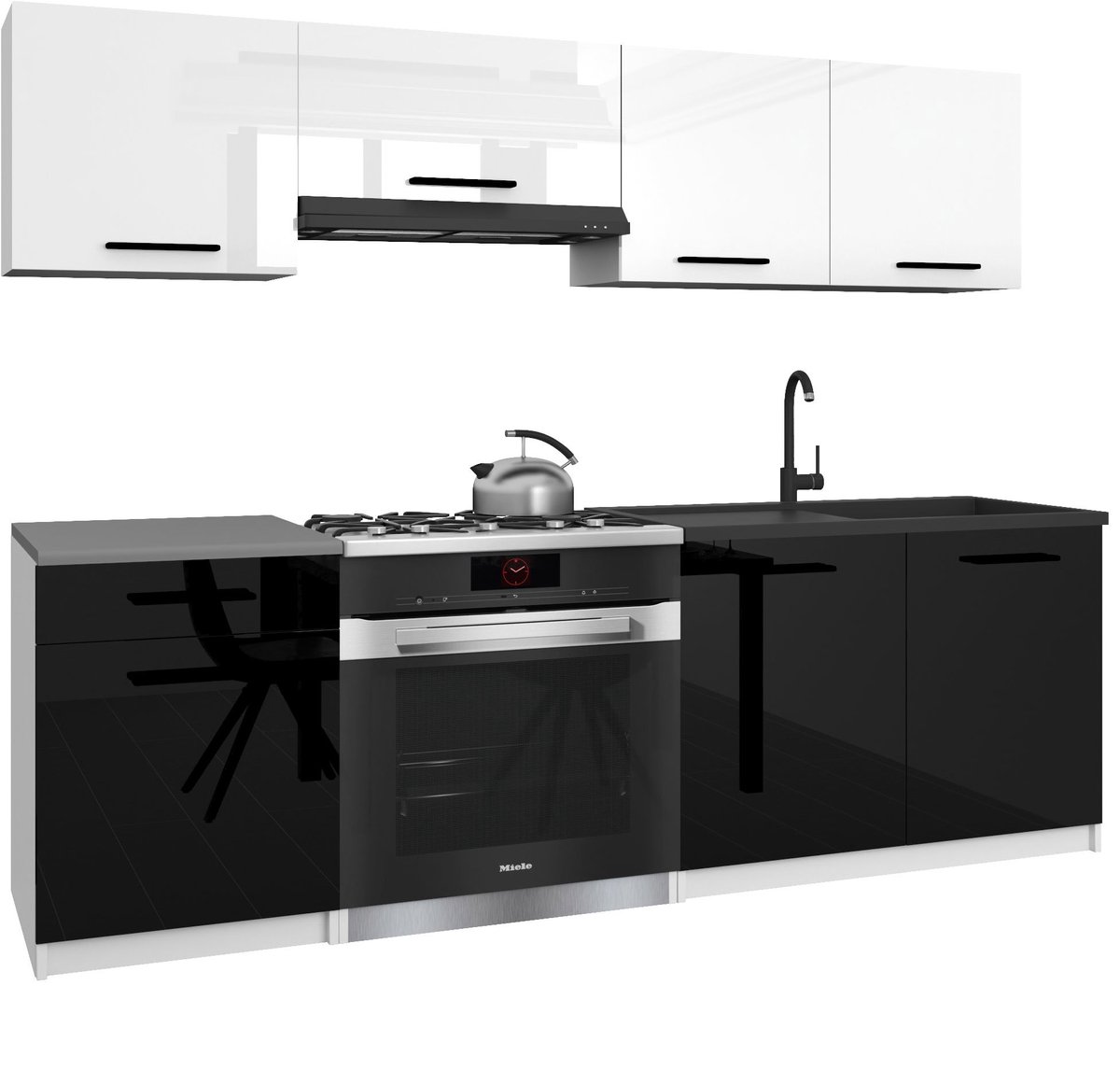 BELINI Keukenblok ITALIA 1 - Keukenmeubel Set 180 cm Wit-Zwart Hoogglans met Werkbladen - Boven- en Onderkasten