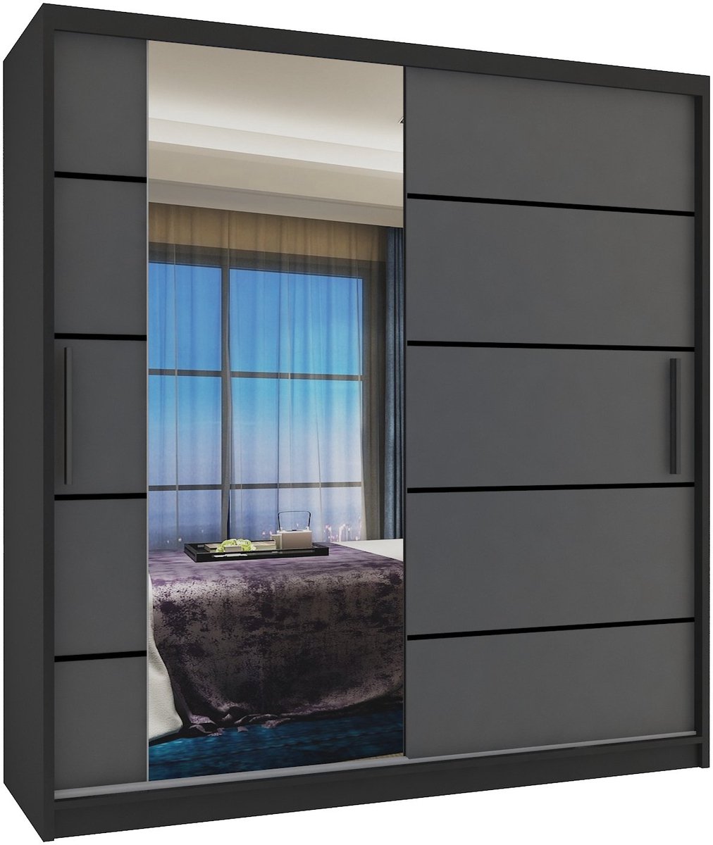 BELINI Verona MBP Schuifdeurkast 158 cm Zwart/Grijs Mat - Kledingkast met Spiegel - Comfort Line Slaapkamerkast