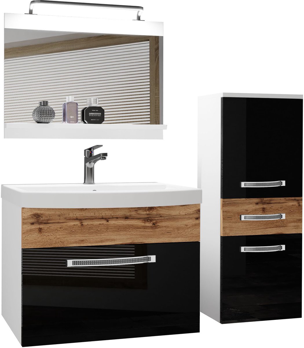 BELINI Badkamermeubel Set GLA PM 2 - Badmeubelset 100 cm Zwart/Wotan Eiken Hoogglans en Mat met Wastafel, Spiegel en LED Lamp - Wandmontage