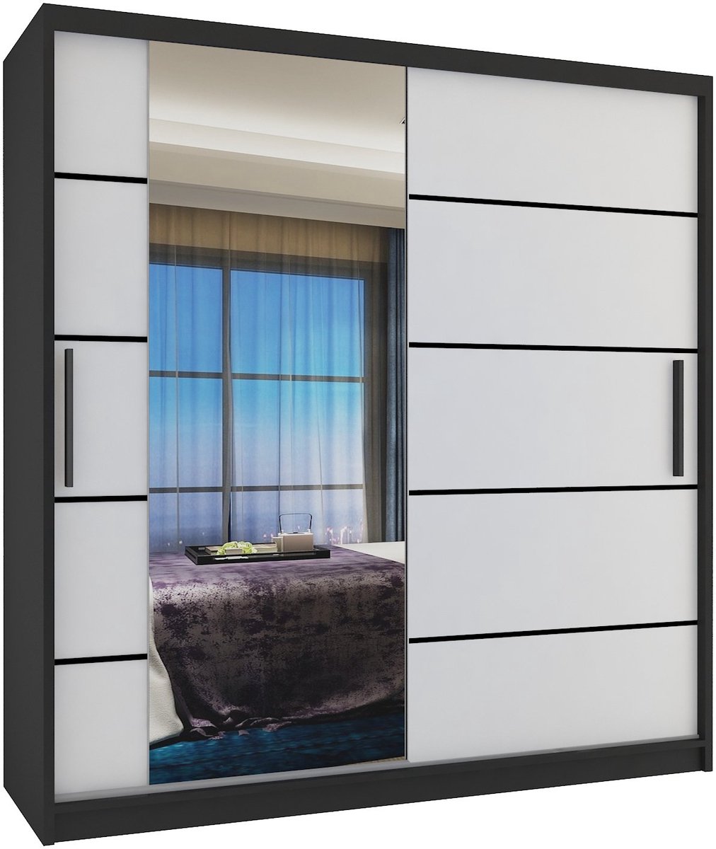 BELINI Verona MBP Schuifdeurkast 158 cm Zwart/Wit Mat - Kledingkast met Spiegel - Comfort Line Slaapkamerkast