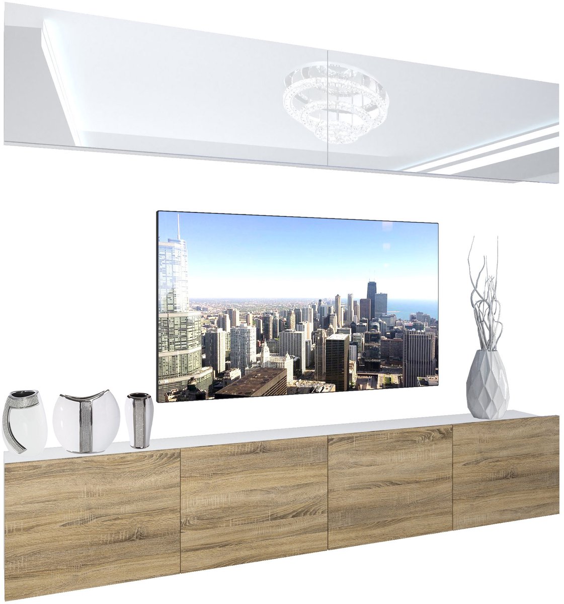 BELINI Wandmeubel NEX 6 - TV-Wandkast Set met LED-Verlichting Wit / Sonoma Eiken - Hoogglans Fronten