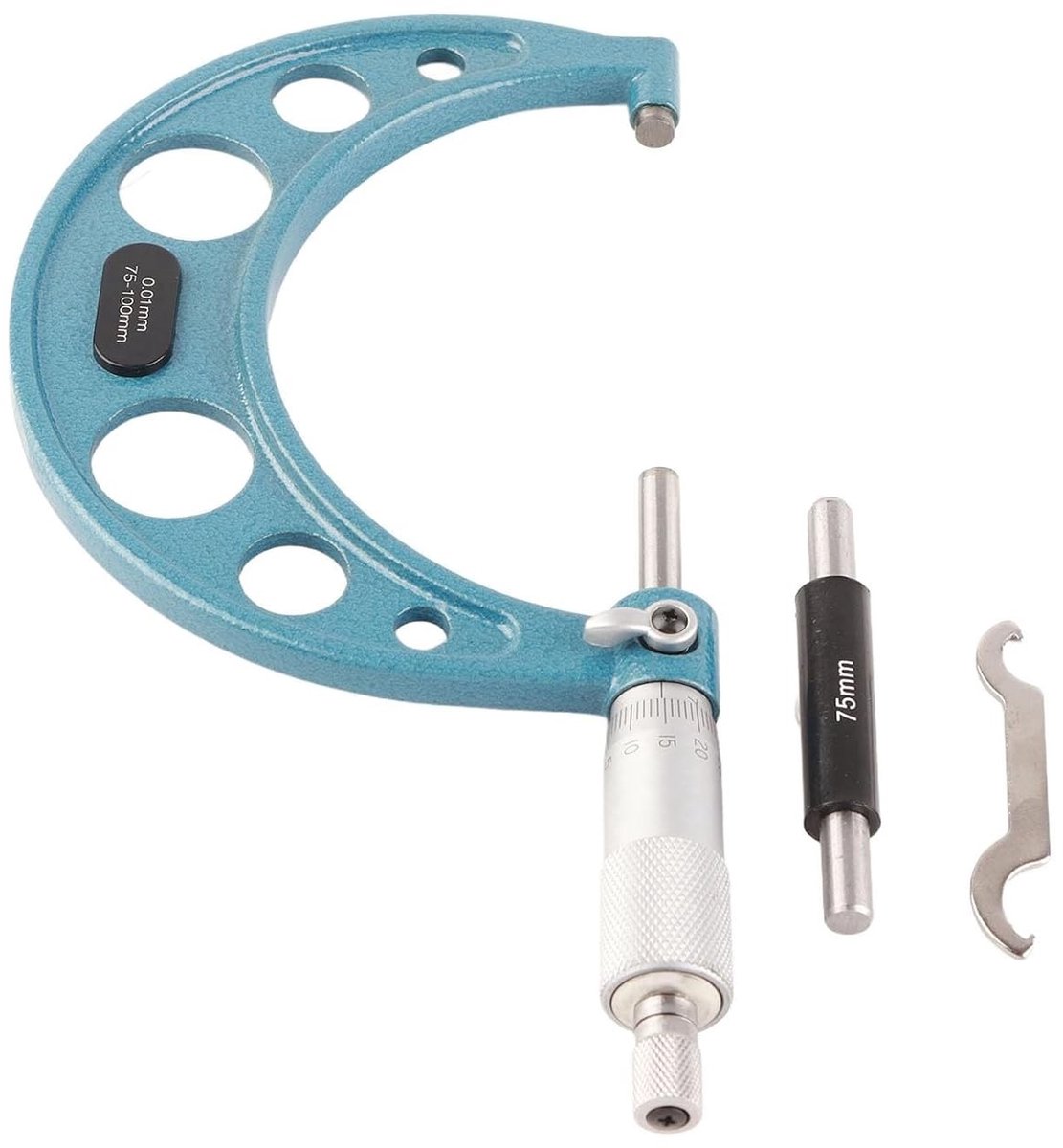 Outdoor micrometer met precisie van 0.001mm, inclusief bracket, meetschroeven en kunststof doos voor nauwkeurige metingen (75-100mm)