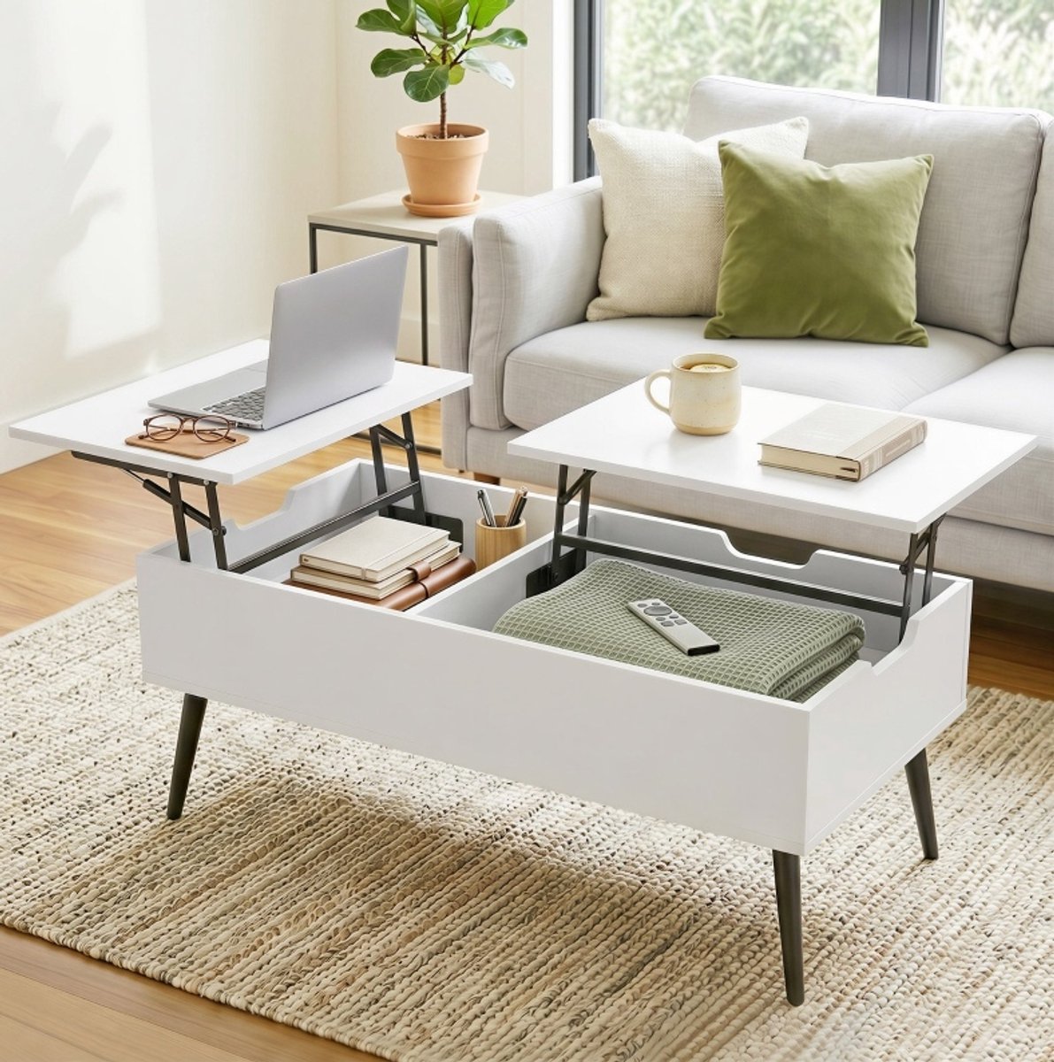 HAUSS SPOLE Salontafel - Hoogteverstelbaar Met Dubbel Opklapbaar Blad En Verborgen Opbergruimte - Voor Woonkamer - Wit Hout - 100x50x58 Cm