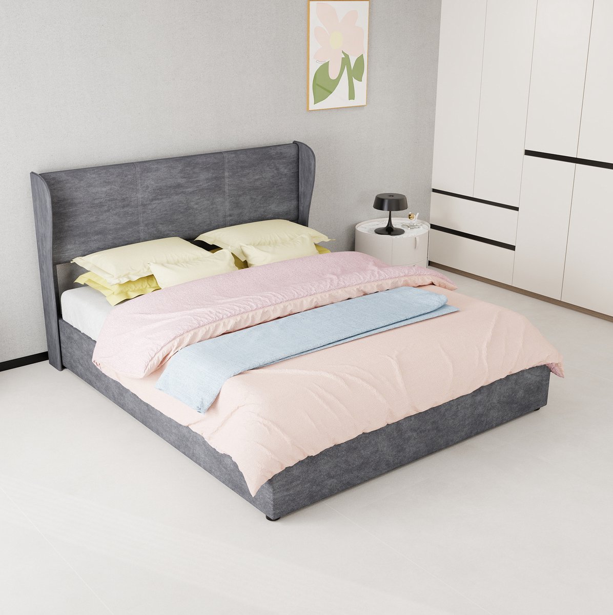 DESMIU Gestoffeerd Bed 160x200 cm – Tweepersoons Bedframe Met Gaslift Opbergruimte – Lattenbodem – Moderne Slaapkamer – Grijs – Zonder Matras