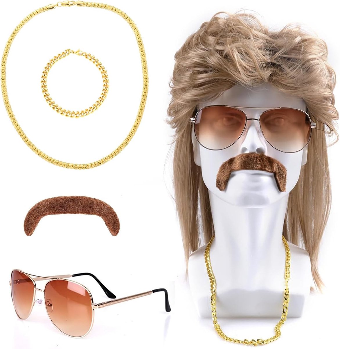 Mulet Perücke met Accessoires voor Mannen - 80s Kostuum met Bril, Ketting, Armband en Baard voor Themafeesten, Carnaval en Halloween
