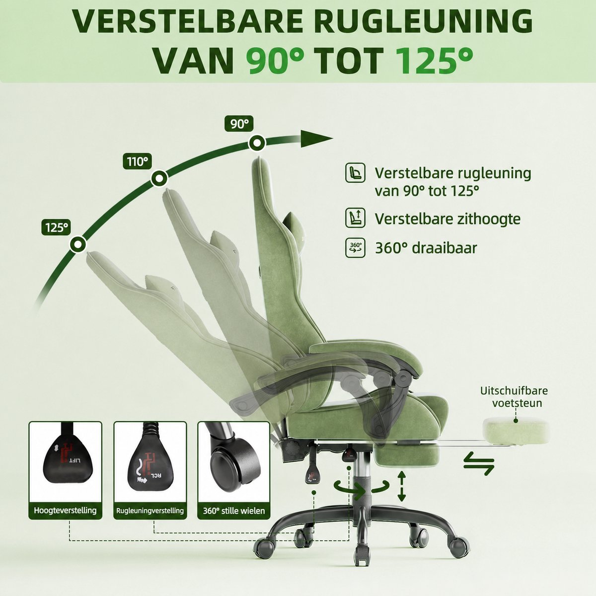 EC REP SERVICES SL Arvioo-Gaming Stoel-Fluweel-Voetensteun-Massage Lendenkussen-Groen thumbnail 3