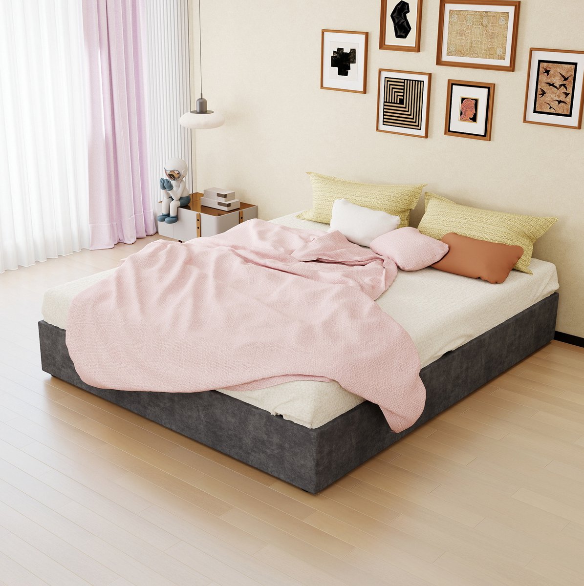 DESMIU Bed 160x200 cm – Met Gasliftstangen – Geschikt Voor Tweepersoonsmatras – Zonder Hoofdbord – Slaapkamer – Stof En Metaal – Grijs – Zonder Matras
