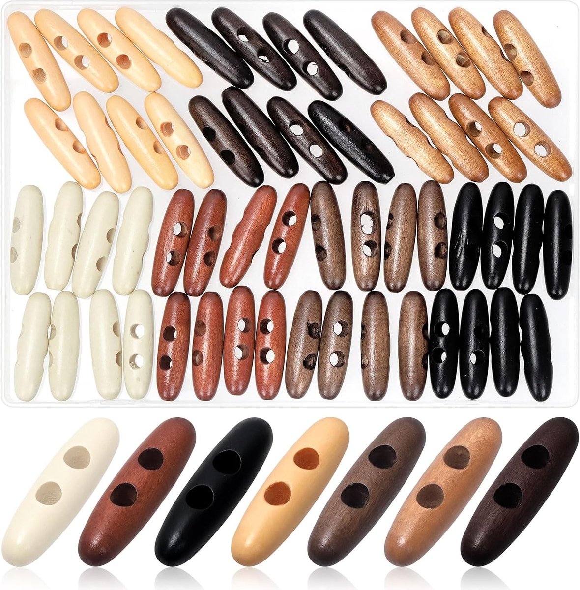 Ovaal-Dubbele Gat Houten Tuimelknoppen Kit van 56 STKS, 50mm, 7 Kleuren voor Naaien, Kleding en DIY Projecten