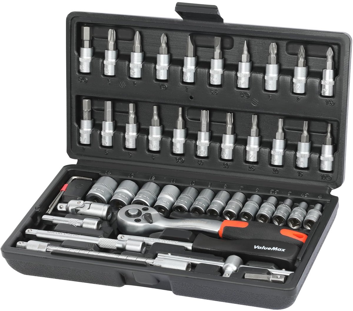 SnelShoppen - 46-delige Steeksleutelset, Chrome Vanadium Staal, 1/4 Inch Ratelsleutel, Inclusief Schroevendraaier Bits, Voor Huisreparaties, Auto's, M