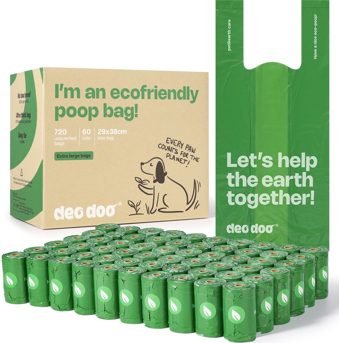 SnelShoppen - Hondenpoepzakken Grote Poepzakken met Stropdashandvat, Recyclebaar, Lekvrij, 40 Rollen, 480 Zakken, 35x35 cm, Groene Hondenafvalzakken,