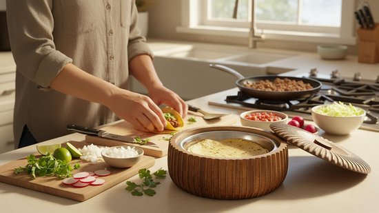 Handgemaakte houten Mexicaanse Tortilla Warmer Mand Indiase Chapati Roti Brood Houder Doos Pannenkoek Keeper Serveware Hot Pot Ovenschotel Met Deksel Thuis Keuken Eetkamer Decor, Natuurlijk Bruin, 22 — afbeelding 3